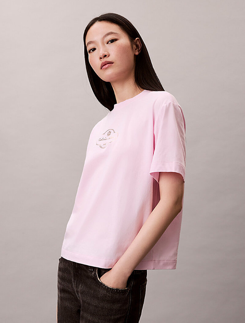 Calvin Klein Pembe Renkli Kadın Boxy Cocktail Logo T-shirt