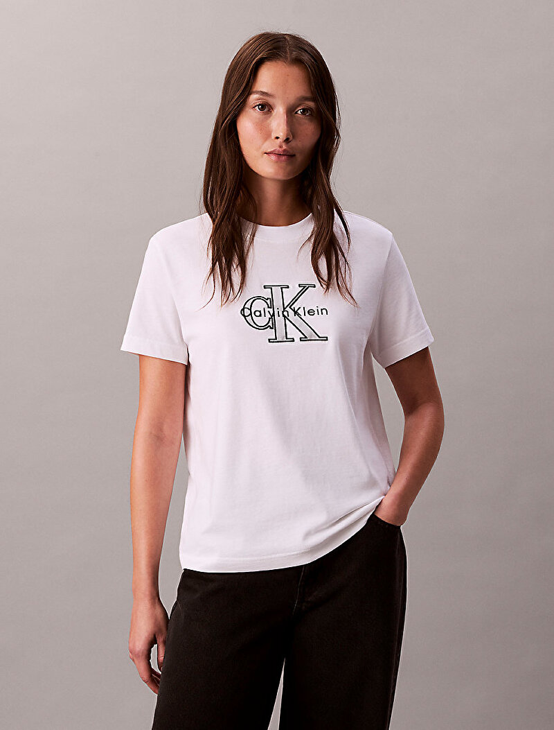 Calvin Klein Beyaz Renkli Kadın Classic Monologo T-shirt