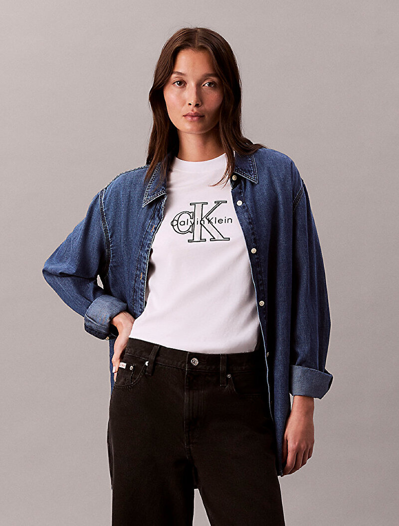 Calvin Klein Beyaz Renkli Kadın Classic Monologo T-shirt