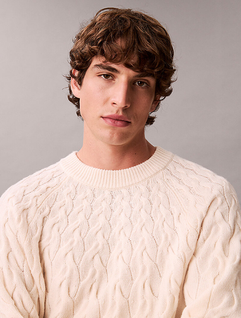 Calvin Klein Bej Renkli Erkek Lambswool Blend Kazak