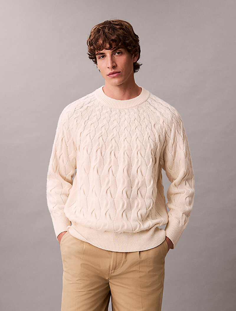 Calvin Klein Bej Renkli Erkek Lambswool Blend Kazak