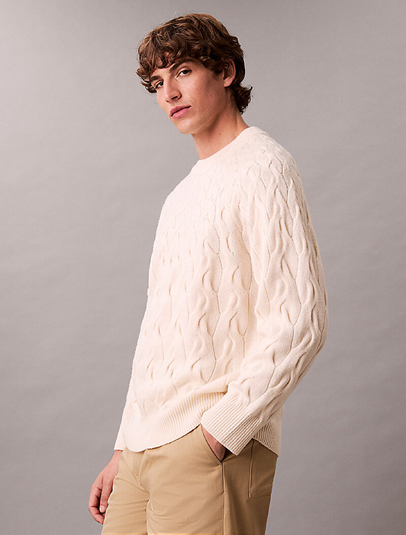 Calvin Klein Bej Renkli Erkek Lambswool Blend Kazak