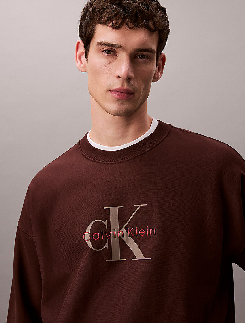 Calvin Klein Kahverengi Renkli Erkek Premium Terry Monogram Sweatshirt