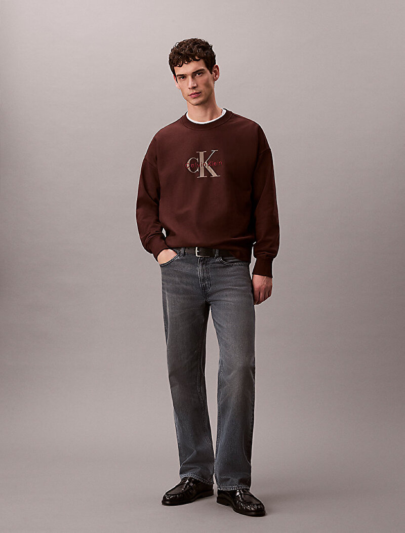 Calvin Klein Kahverengi Renkli Erkek Premium Terry Monogram Sweatshirt