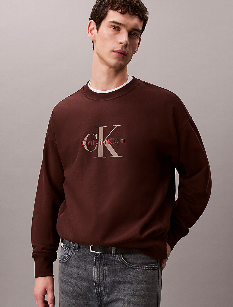 Calvin Klein Kahverengi Renkli Erkek Premium Terry Monogram Sweatshirt