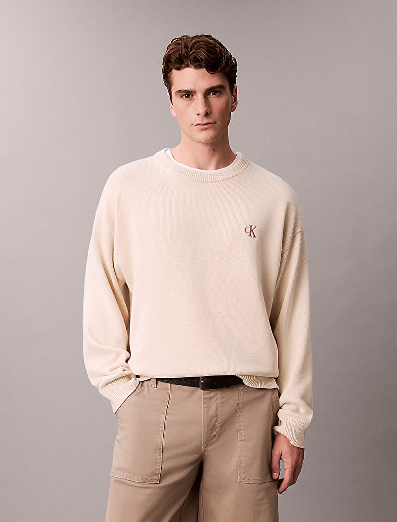 Calvin Klein Beyaz Renkli Erkek Easy Cotton Crewneck Kazak