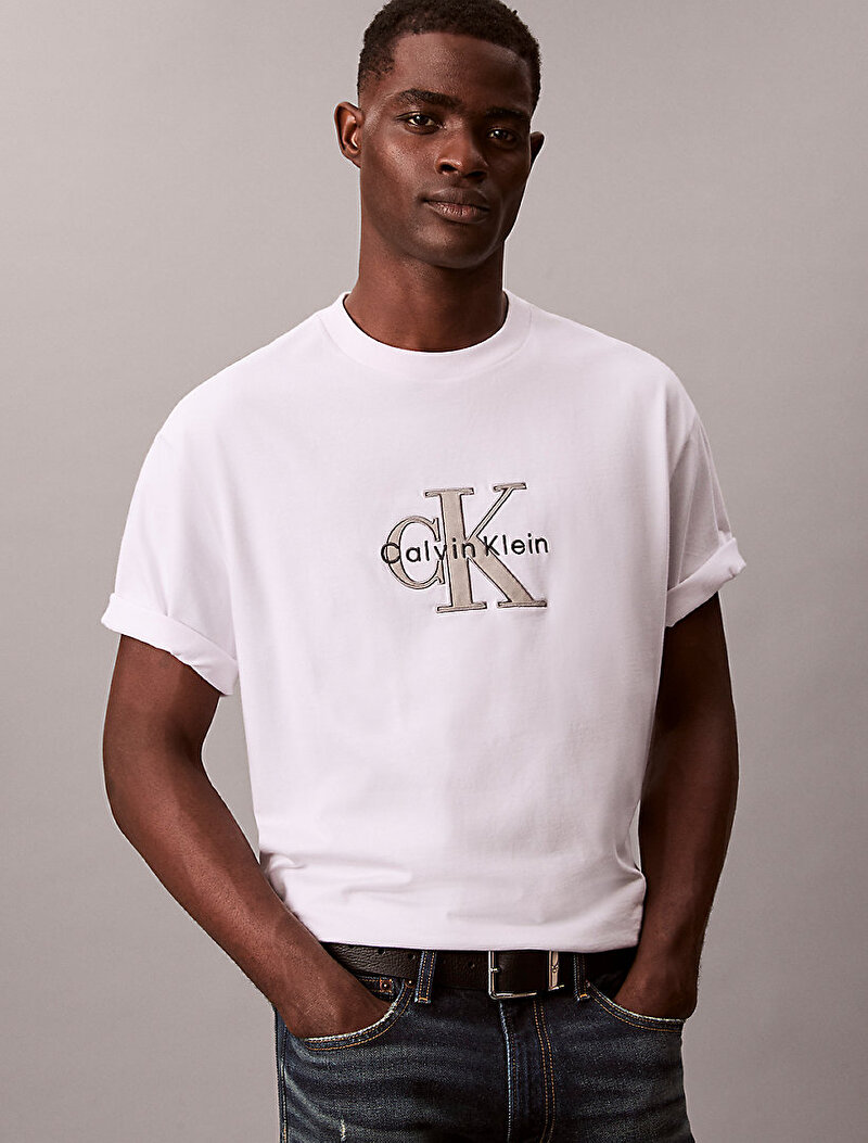 Calvin Klein Beyaz Renkli Erkek 16s Tricolor Monogram T-shirt