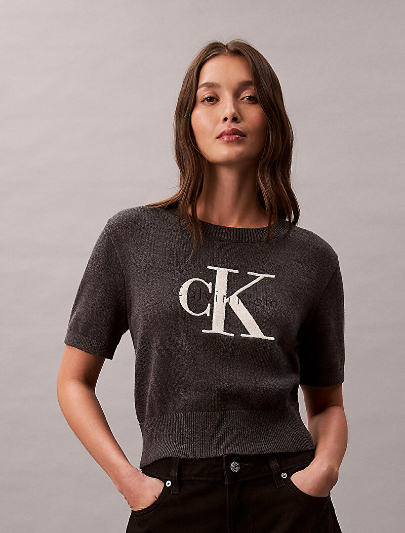 Calvin Klein Siyah Renkli Kadın Chunky Cotton Graphic Kazak