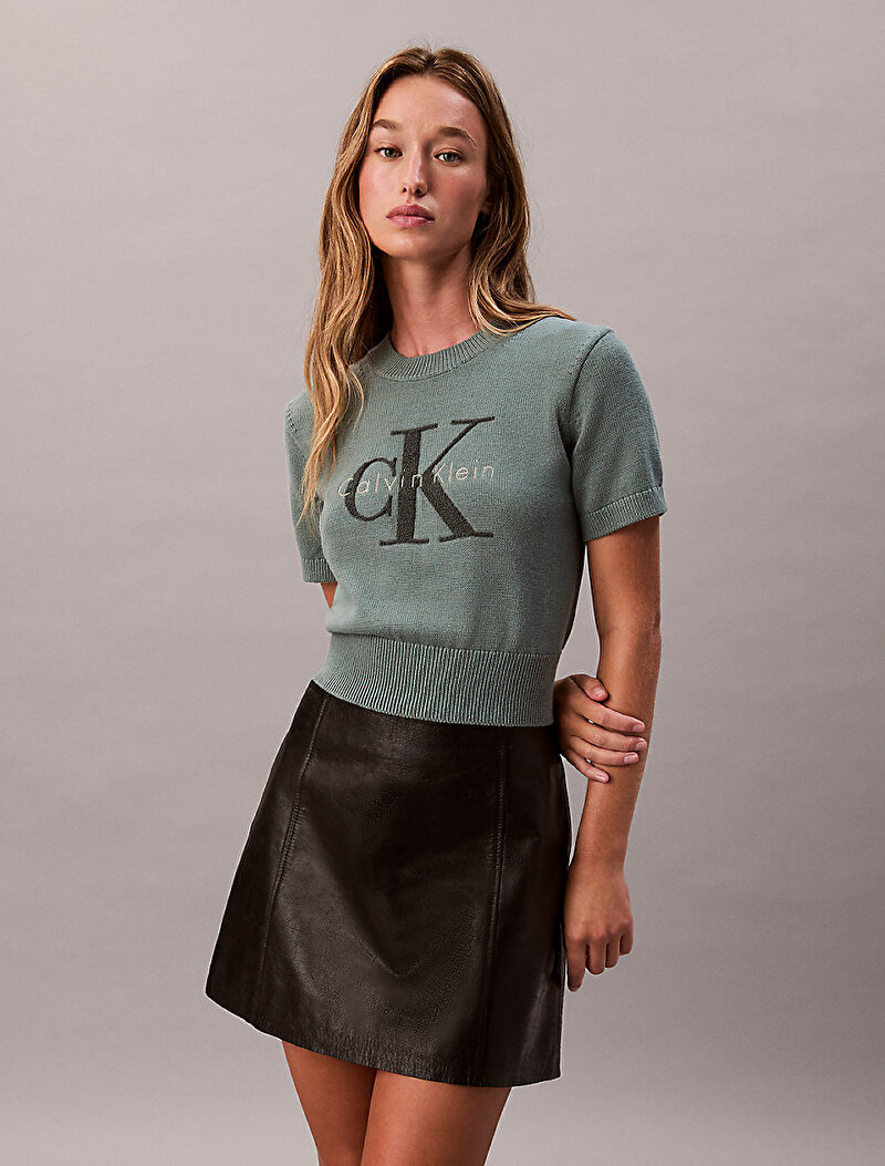 Calvin Klein Yeşil Renkli Kadın Chunky Cotton Graphic Kazak