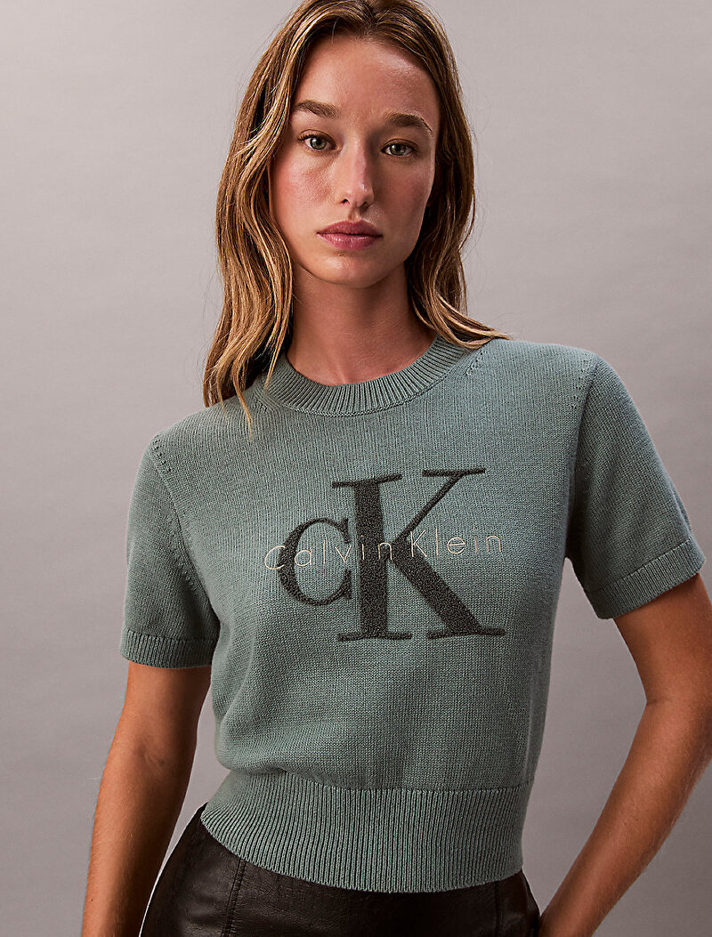 Calvin Klein Yeşil Renkli Kadın Chunky Cotton Graphic Kazak