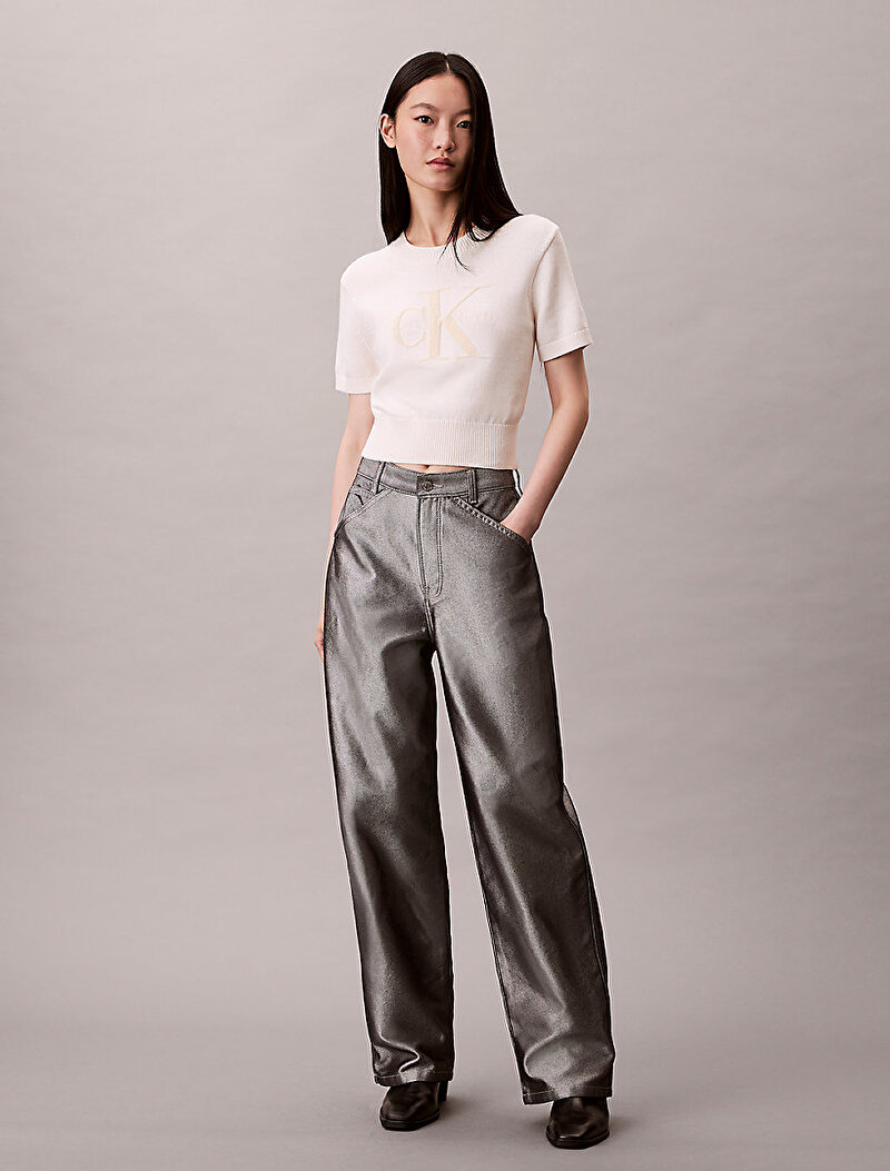 Calvin Klein Beyaz Renkli Kadın Chunky Cotton Graphic Kazak