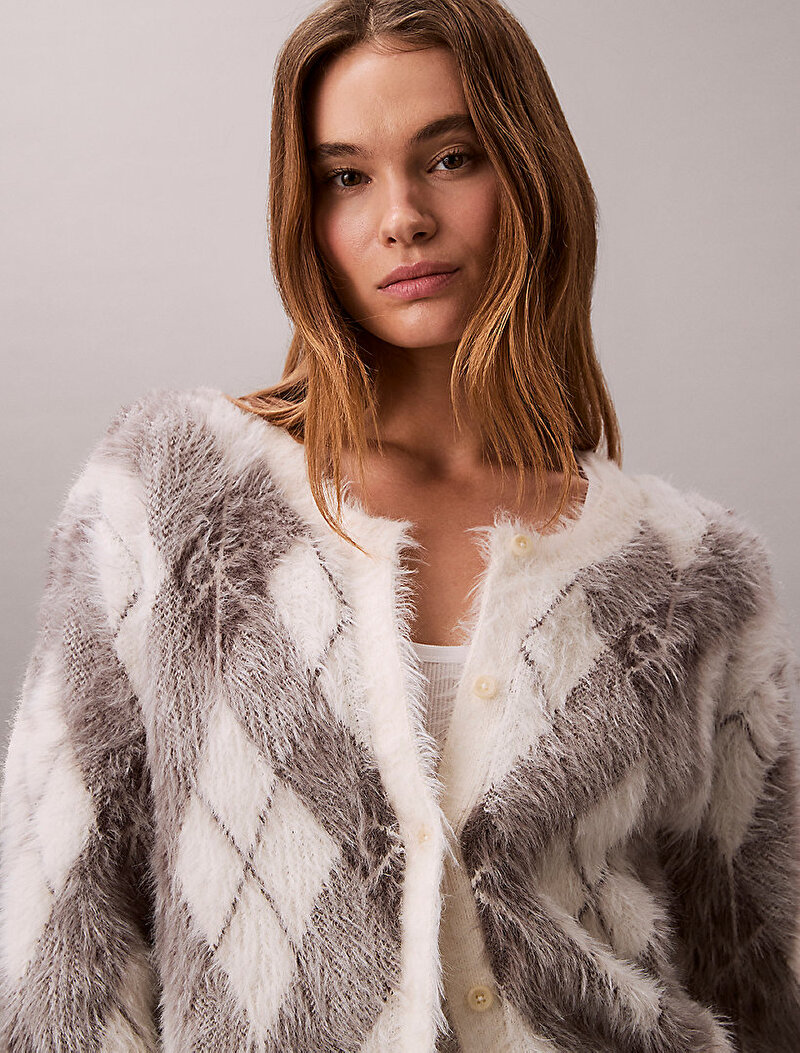 Calvin Klein Beyaz Renkli Kadın Fuzzy Novelty Argyle Kazak