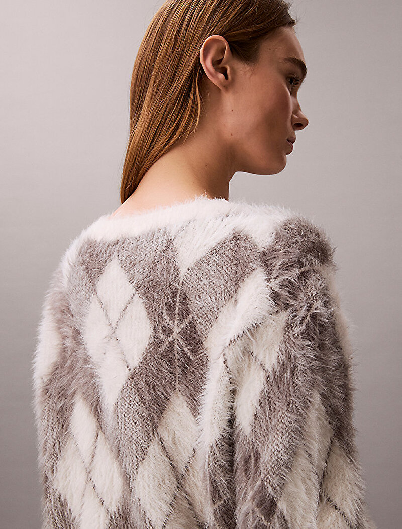 Calvin Klein Beyaz Renkli Kadın Fuzzy Novelty Argyle Kazak