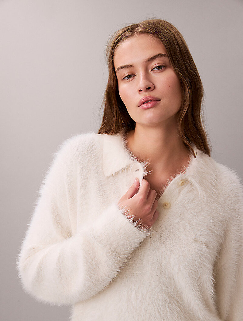 Calvin Klein Beyaz Renkli Kadın Fuzzy Novelty Kazak