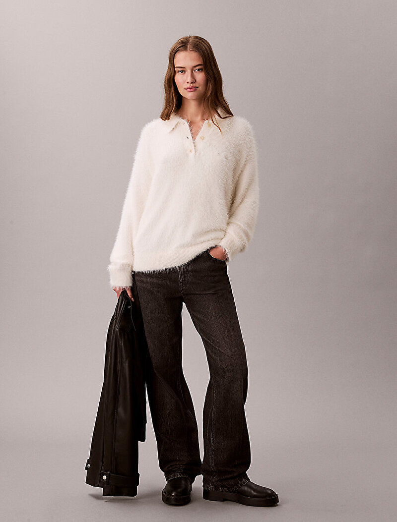 Calvin Klein Beyaz Renkli Kadın Fuzzy Novelty Kazak