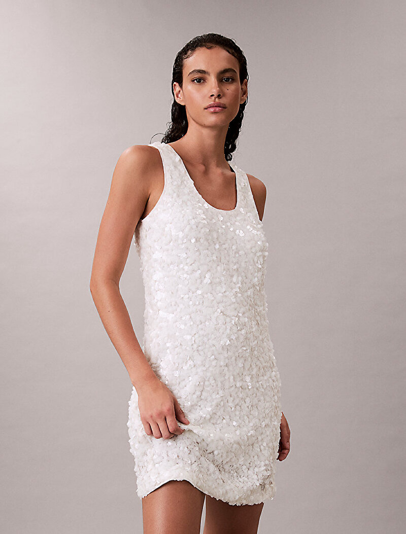 Calvin Klein Beyaz Renkli Kadın Sequin Mini Elbise