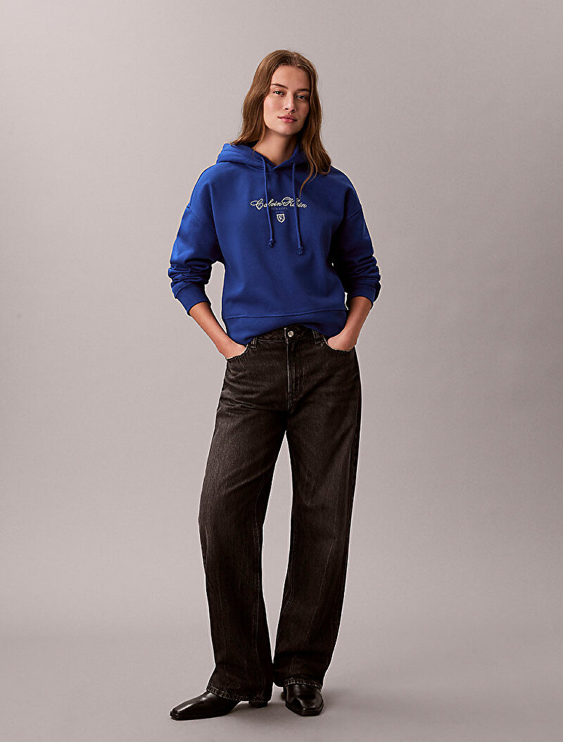 Calvin Klein Mavi Renkli Kadın Crop Graphic Hoodie