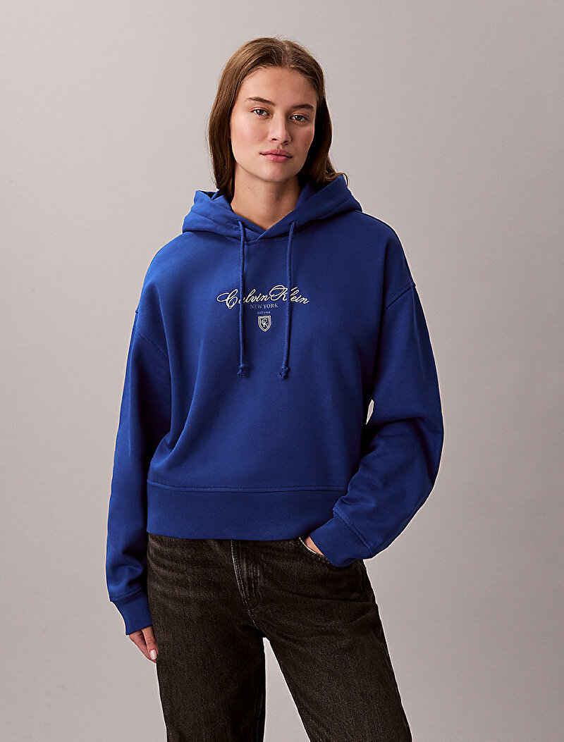 Calvin Klein Mavi Renkli Kadın Crop Graphic Hoodie