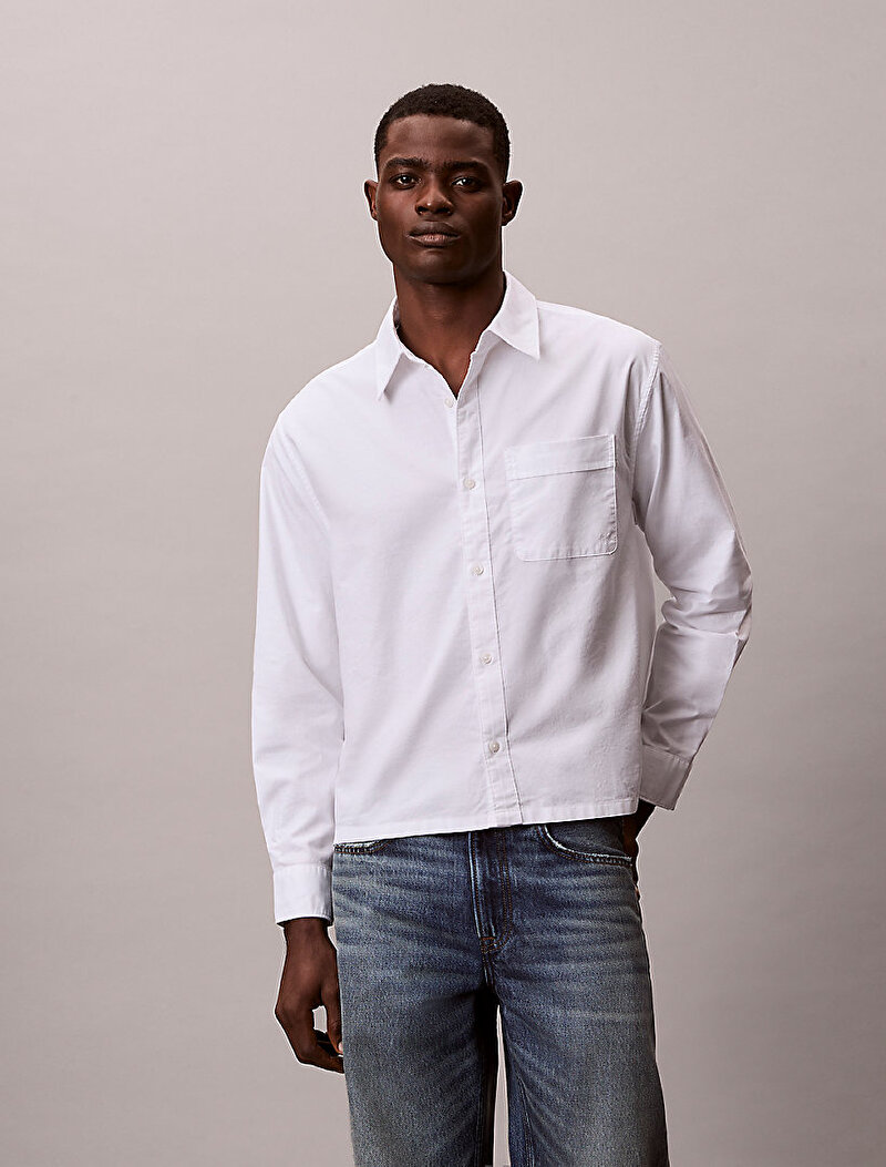 Calvin Klein Beyaz Renkli Erkek Oxford Cropped Gömlek