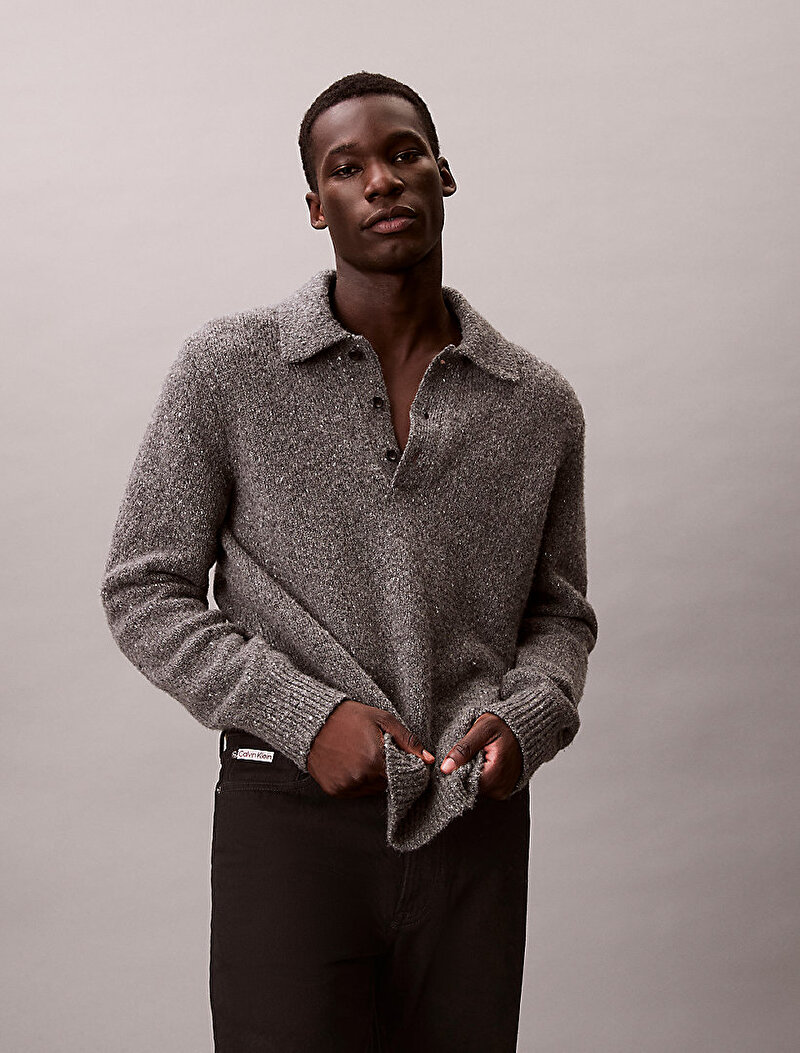 Calvin Klein Gri Renkli Erkek Yarn Polo Kazak
