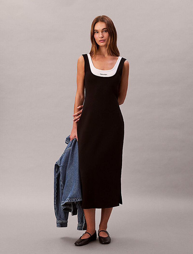 Calvin Klein Siyah Renkli Kadın Interlock Midi Elbise