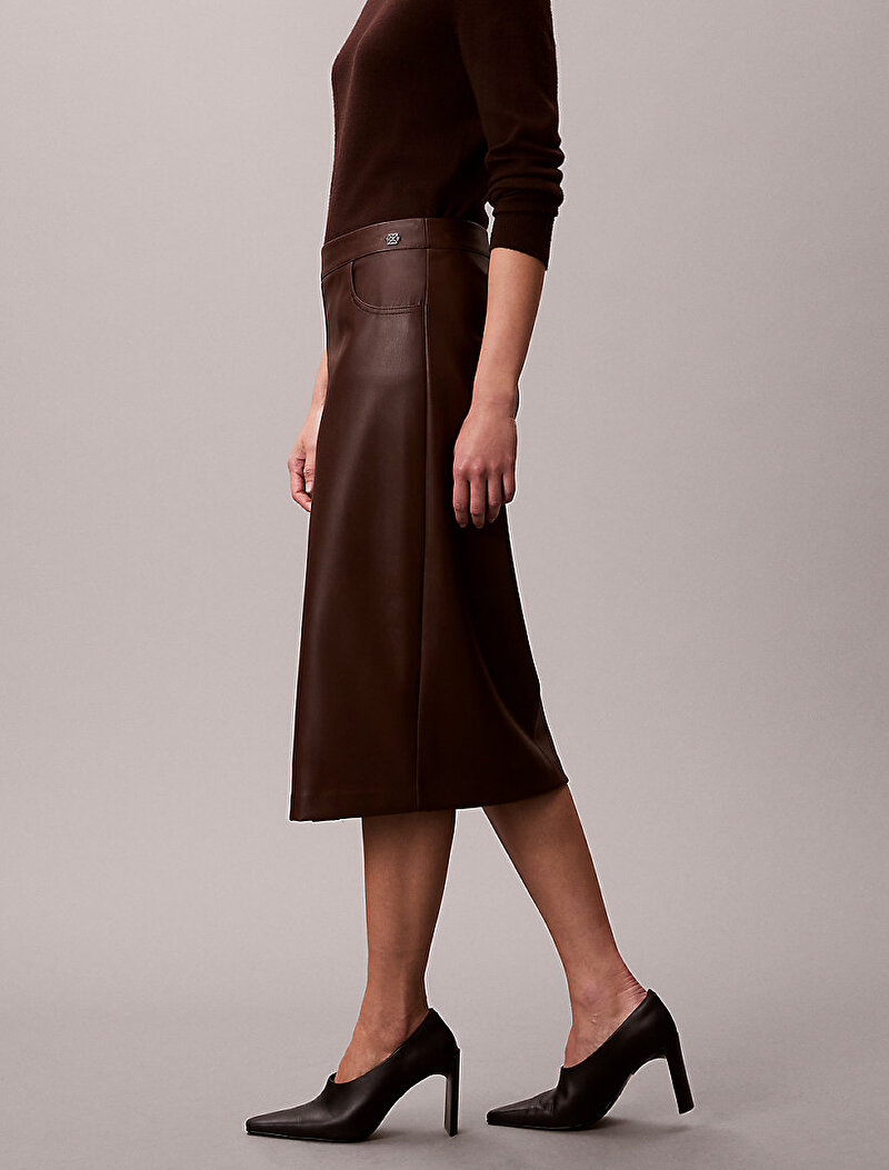 Calvin Klein Kahverengi Renkli Kadın Faux Leather Midi Etek
