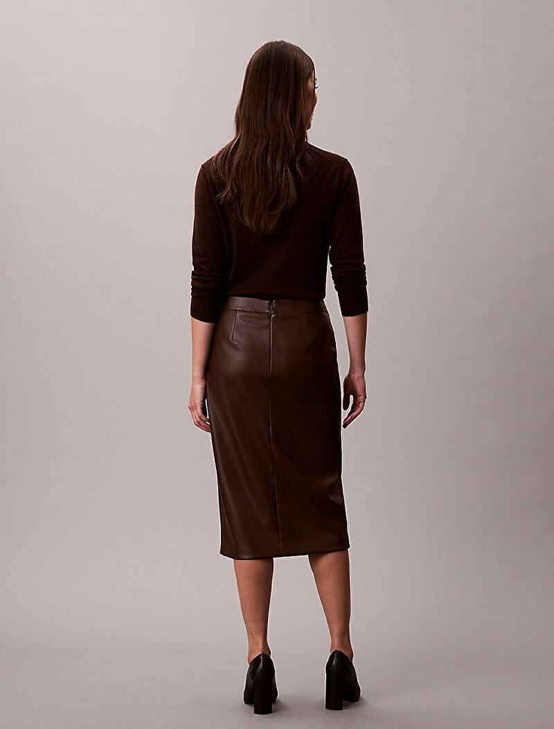 Calvin Klein Kahverengi Renkli Kadın Faux Leather Midi Etek