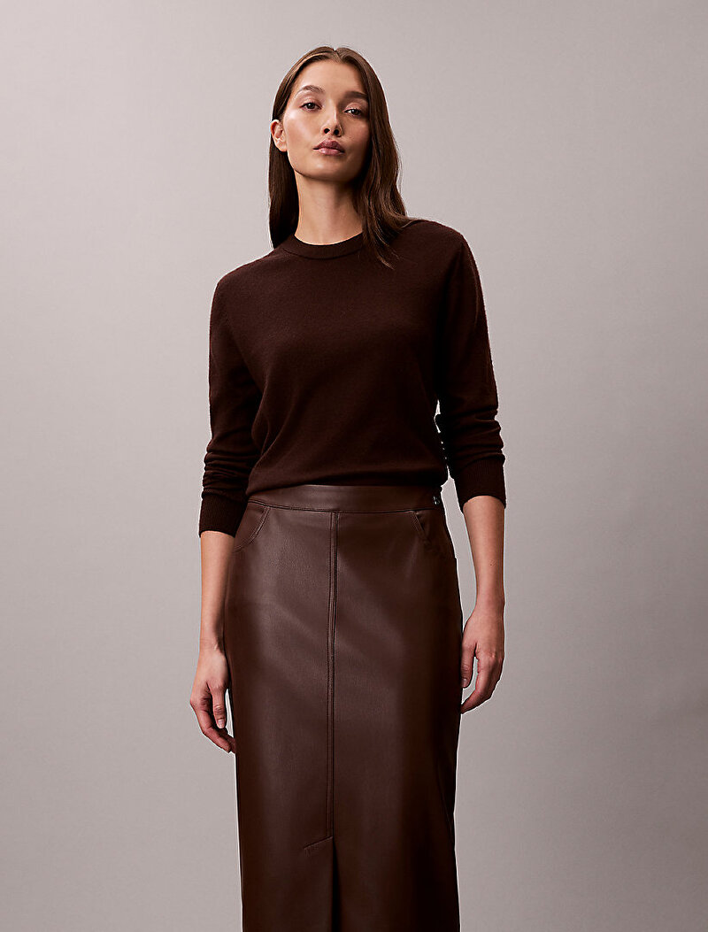 Calvin Klein Kahverengi Renkli Kadın Faux Leather Midi Etek