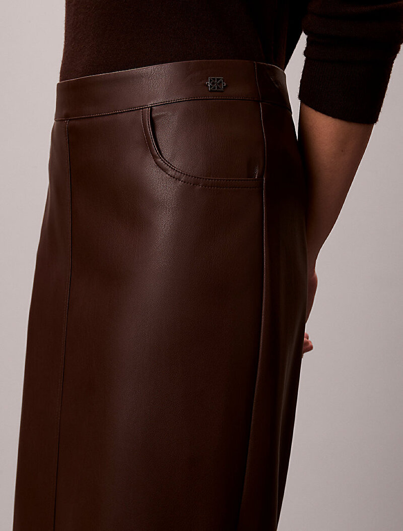 Calvin Klein Kahverengi Renkli Kadın Faux Leather Midi Etek