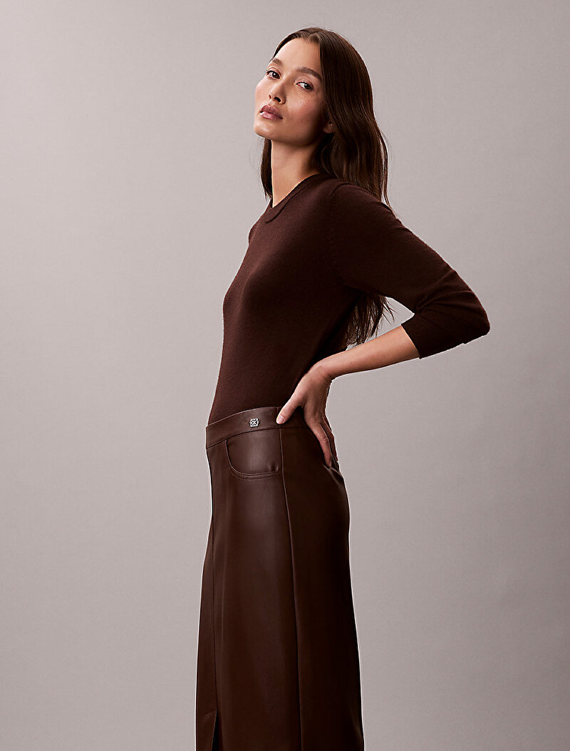 Calvin Klein Kahverengi Renkli Kadın Faux Leather Midi Etek