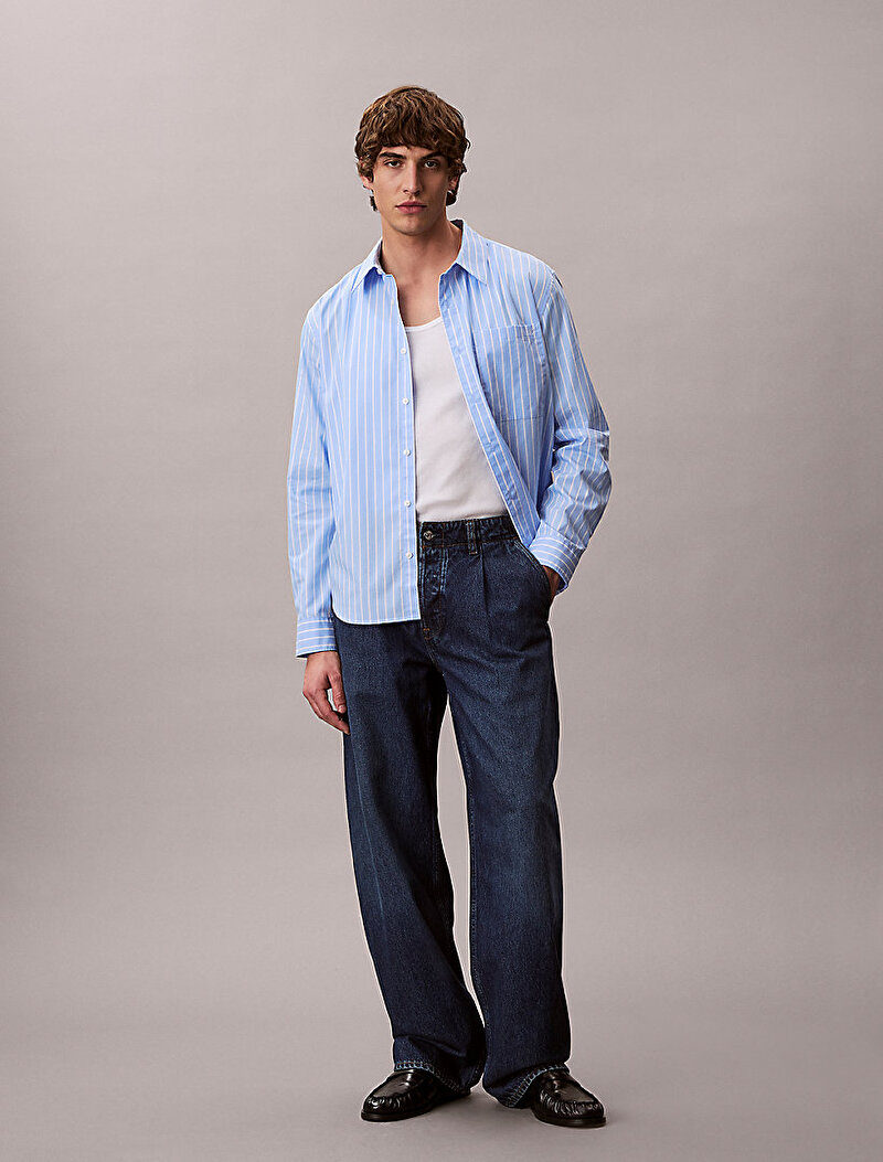 Calvin Klein Mavi Renkli Erkek Stripe Washed Gömlek