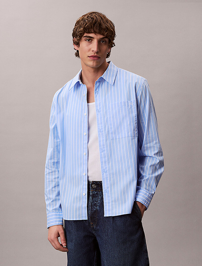Calvin Klein Mavi Renkli Erkek Stripe Washed Gömlek