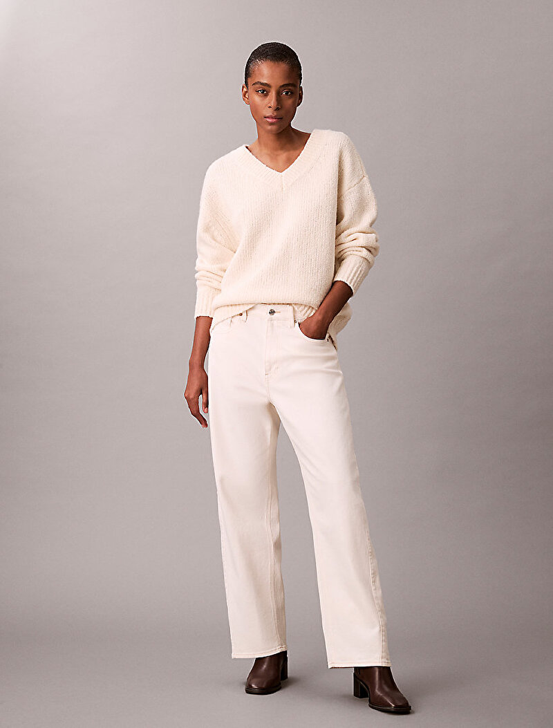 Calvin Klein Beyaz Renkli Kadın Boucle Vneck Top Kazak