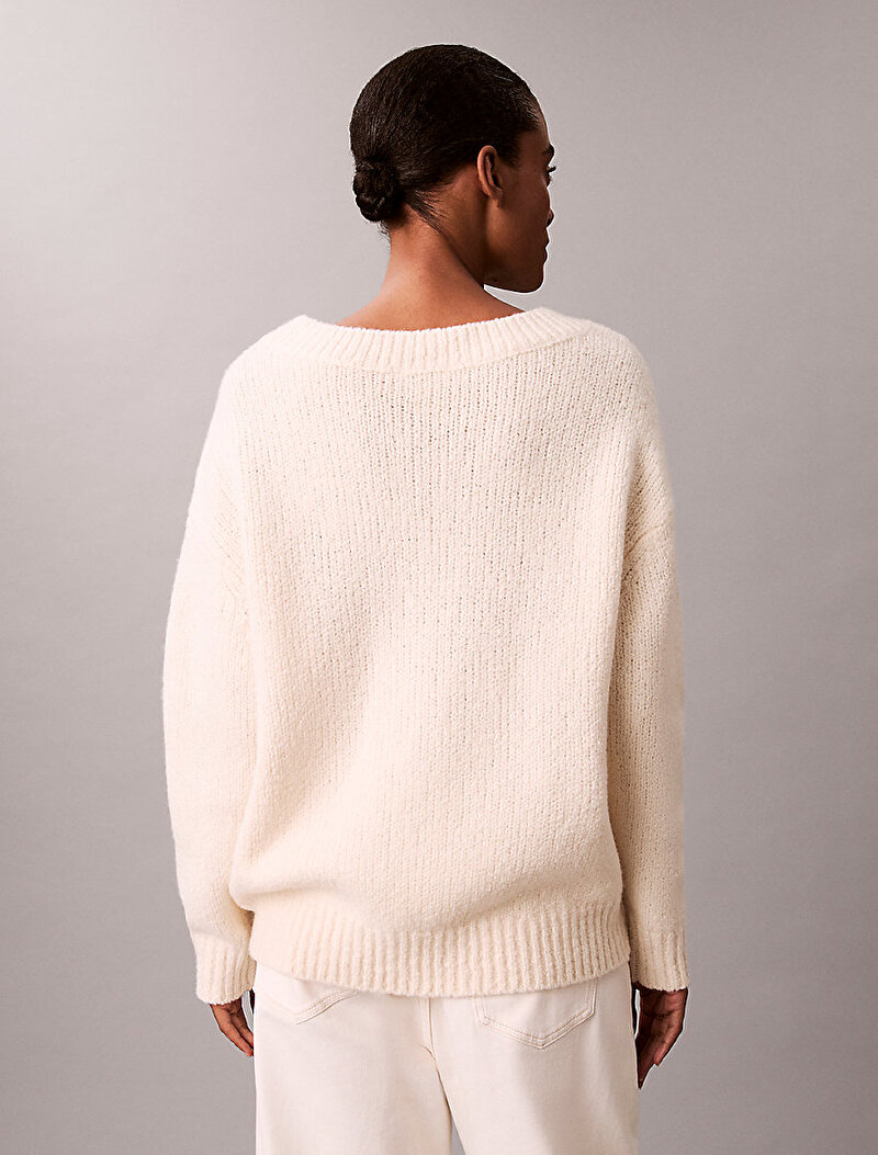 Calvin Klein Beyaz Renkli Kadın Boucle Vneck Top Kazak