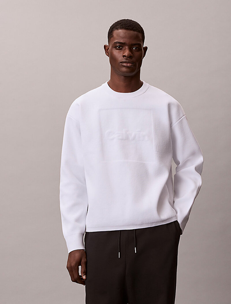 Calvin Klein Beyaz Renkli Erkek Chest Logo Kazak