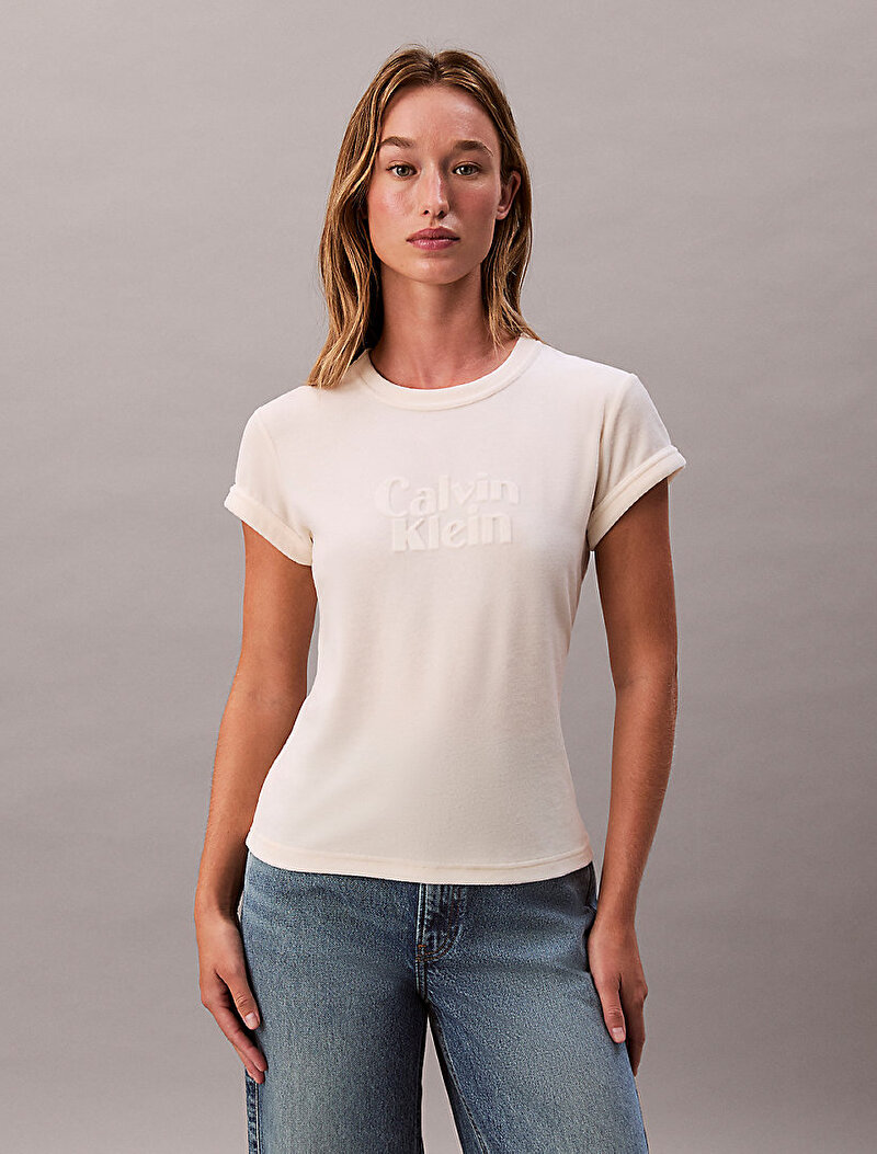 Calvin Klein Bej Renkli Kadın Velour Logo T-shirt
