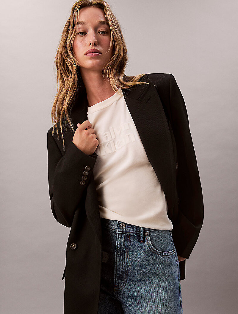 Calvin Klein Bej Renkli Kadın Velour Logo T-shirt