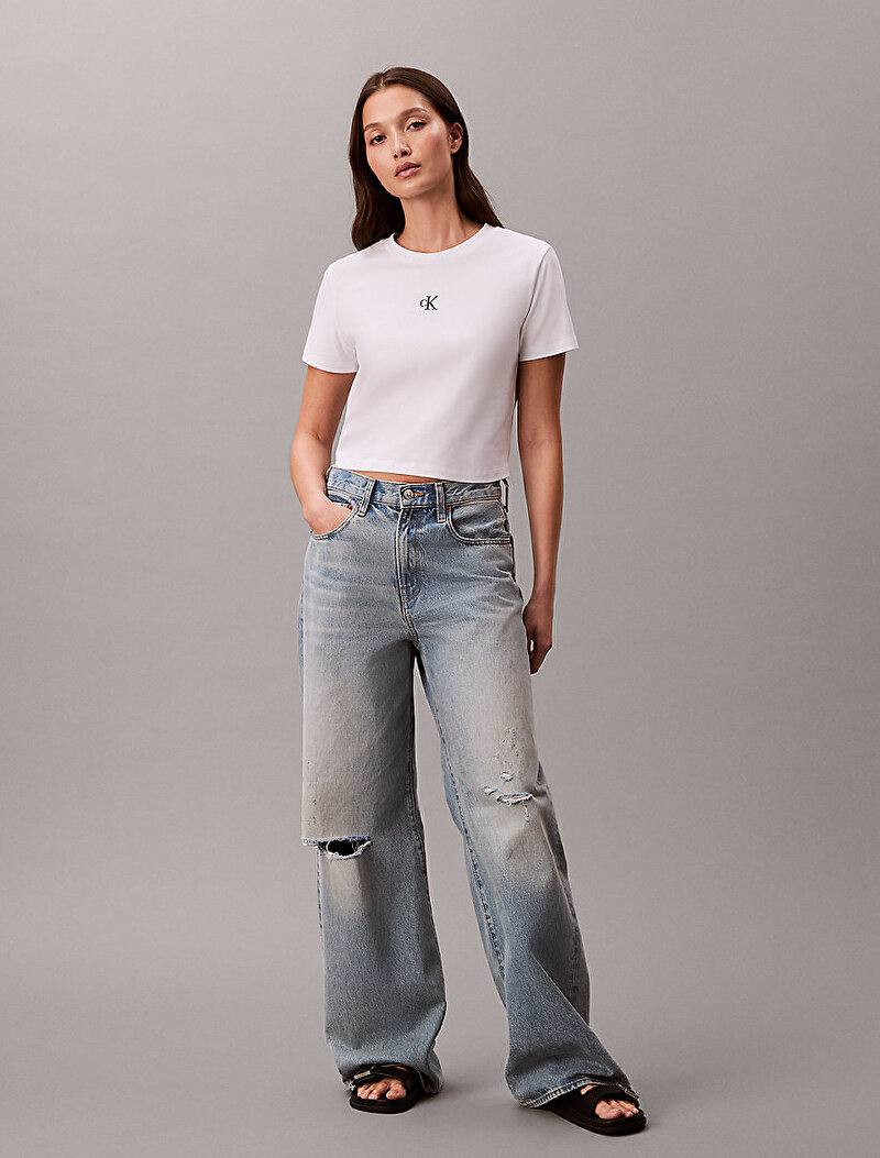 Calvin Klein Beyaz Renkli Kadın Logo Cropped T-shirt