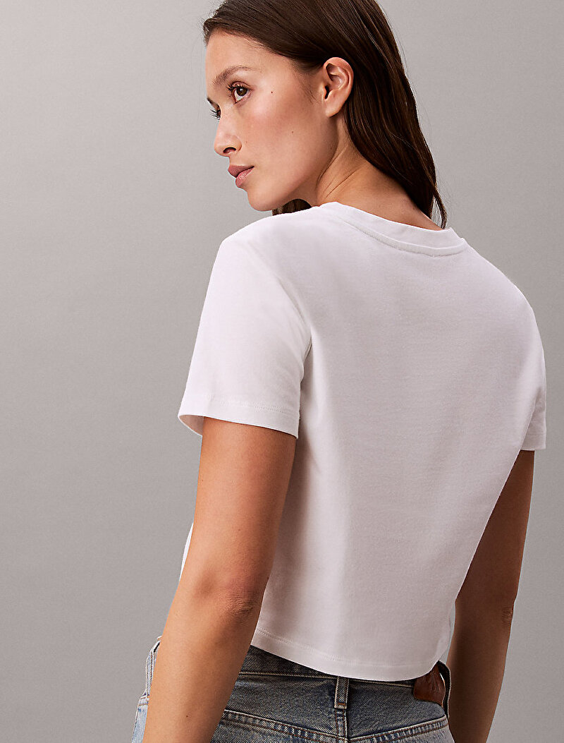 Calvin Klein Beyaz Renkli Kadın Logo Cropped T-shirt