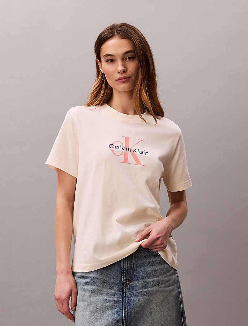 Calvin Klein Beyaz Renkli Kadın Hero Classic Mono T-shirt