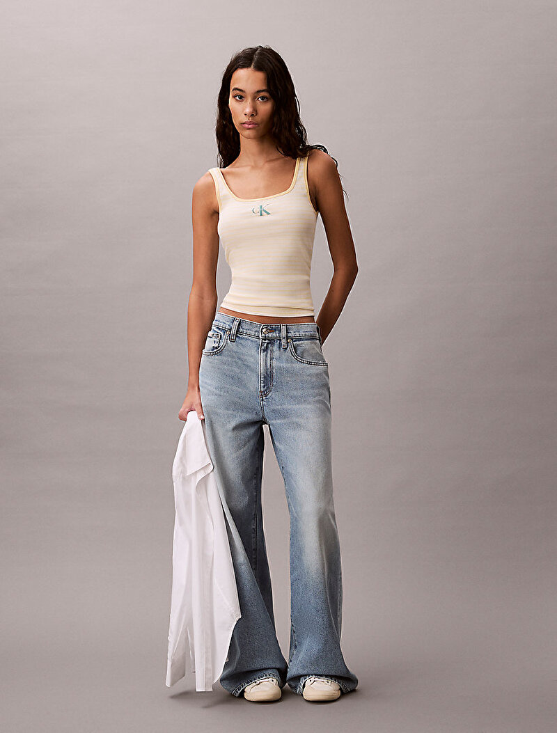 Calvin Klein Beyaz Renkli Kadın Stripped Monologo T-shirt