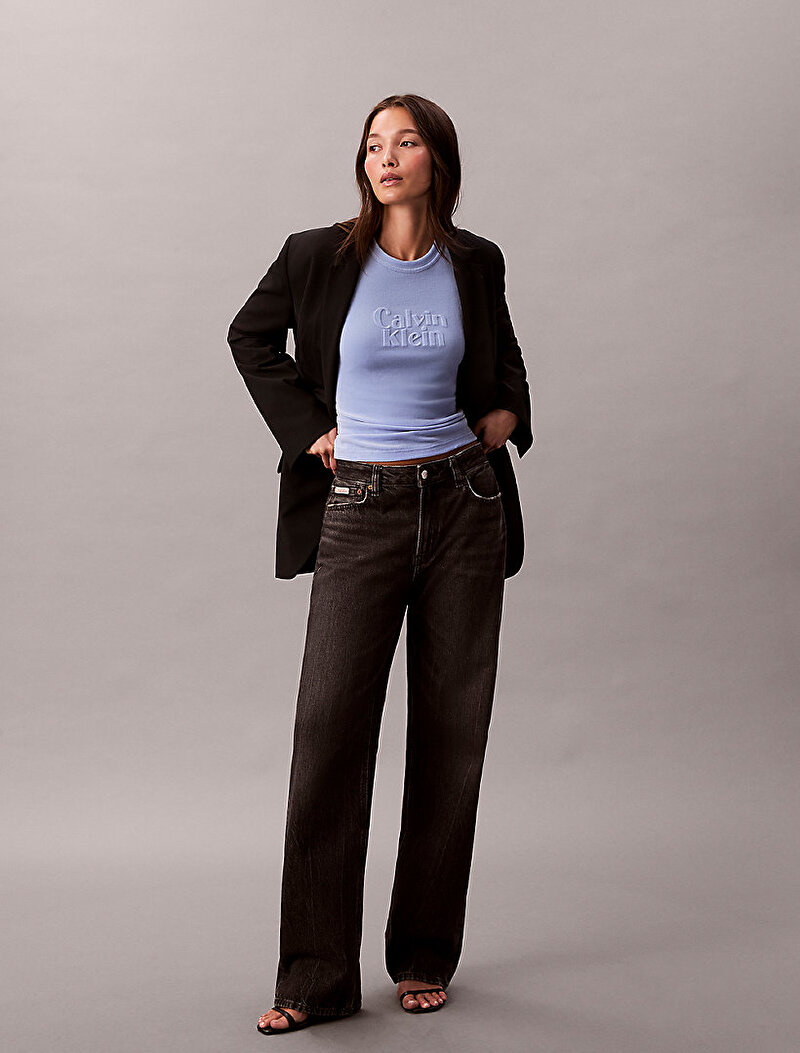 Calvin Klein Mavi Renkli Kadın Velour Logo T-shirt