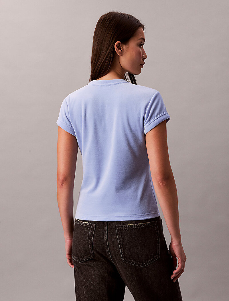 Calvin Klein Mavi Renkli Kadın Velour Logo T-shirt