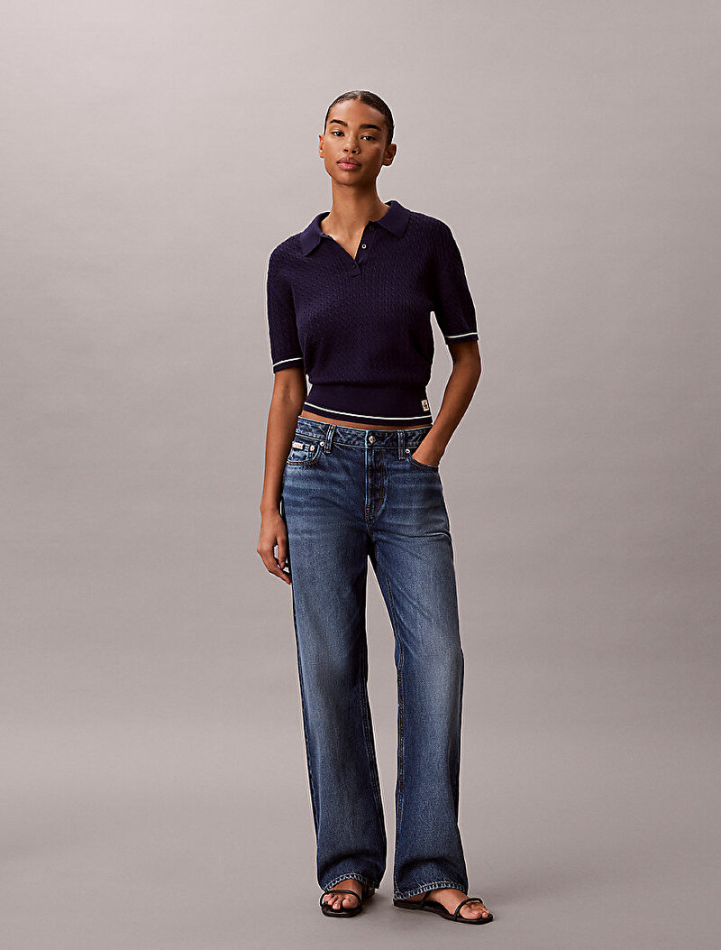 Calvin Klein Mavi Renkli Kadın Woven Label Crop Kazak