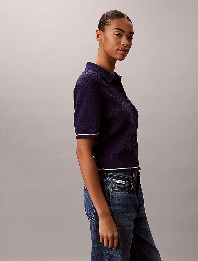 Calvin Klein Mavi Renkli Kadın Woven Label Crop Kazak