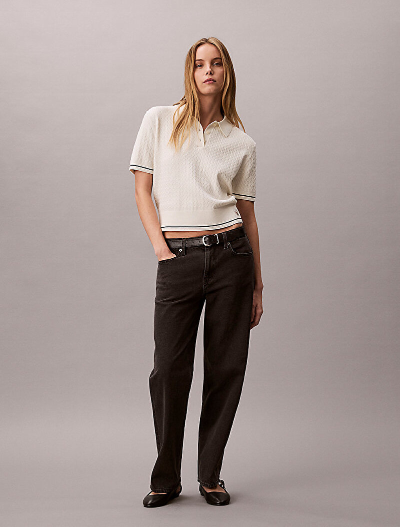 Calvin Klein Beyaz Renkli Kadın Woven Label Crop Kazak
