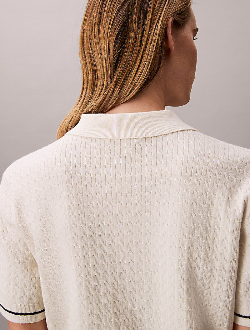 Calvin Klein Beyaz Renkli Kadın Woven Label Crop Kazak