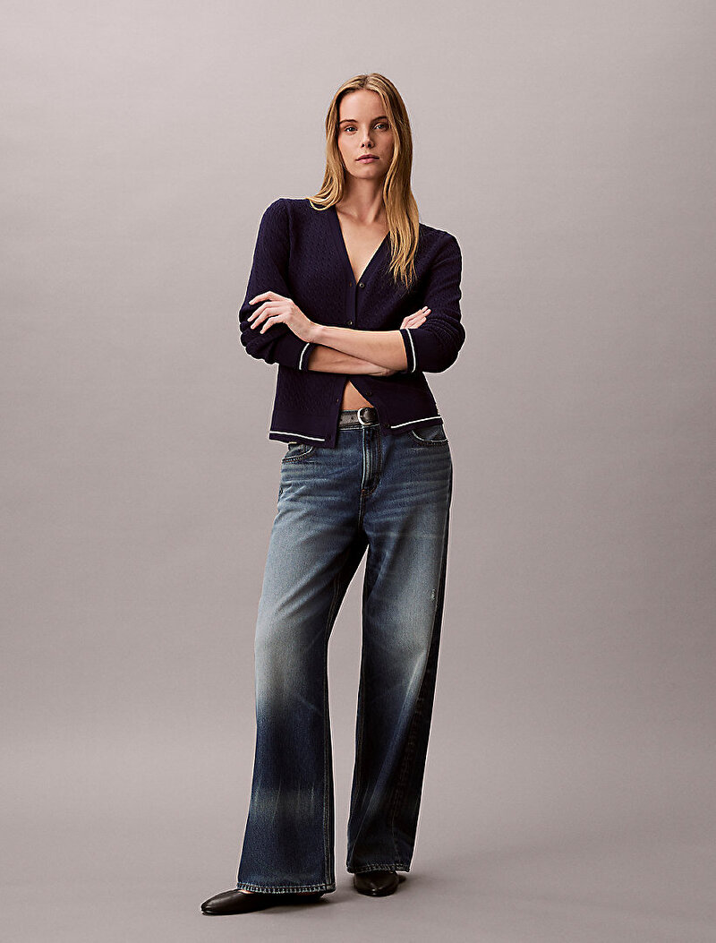 Calvin Klein Mavi Renkli Kadın Woven Label Cable Kazak