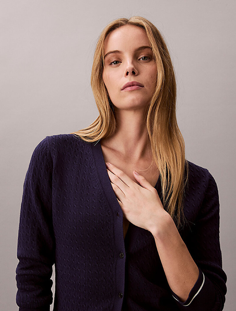 Calvin Klein Mavi Renkli Kadın Woven Label Cable Kazak