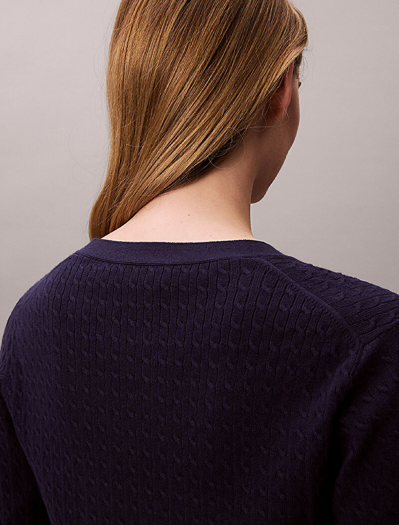 Calvin Klein Mavi Renkli Kadın Woven Label Cable Kazak